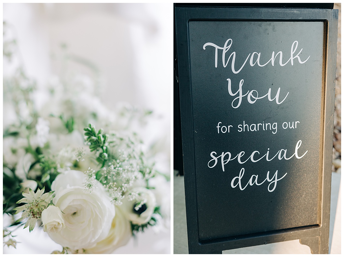 Wedding flowers and thank you sign by Virginia Wedding Company