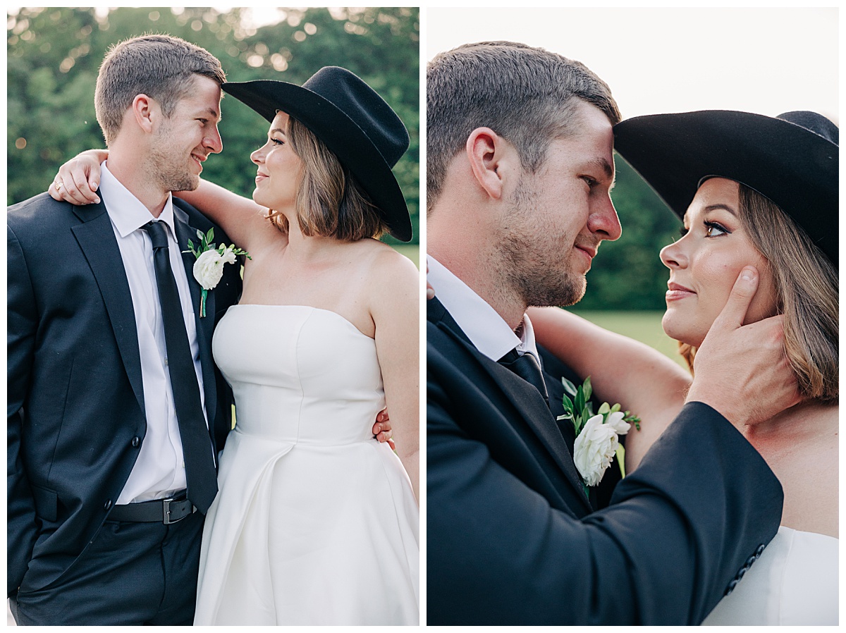Bride and groom in cowboy hat at New Branch Farms by Virginia Wedding Company