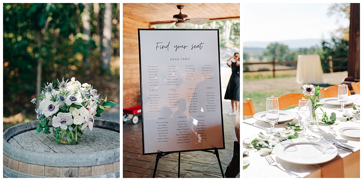 Wedding seat chart and flowers by Virginia Wedding Company