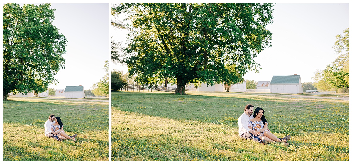 Couple sitting in field by Virginia Wedding Company