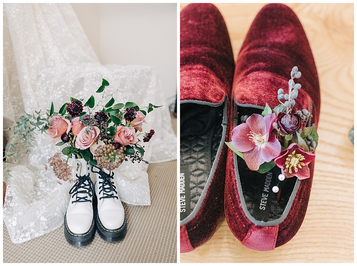 Bride and groom shoes with flowers  by Virginia Wedding Company