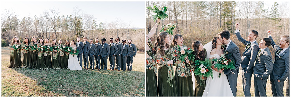 Bridal party cheering on couple kissing by Virginia Wedding Company