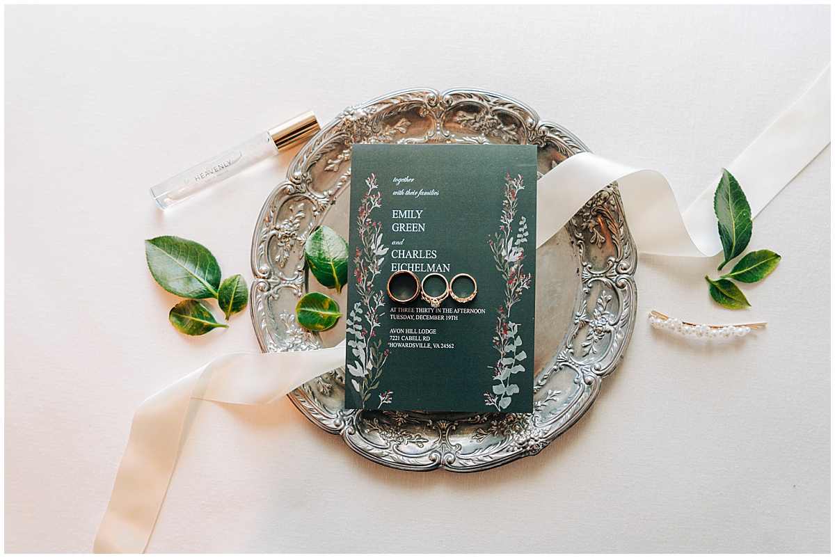 wedding invitation and rings by Virginia Wedding Company