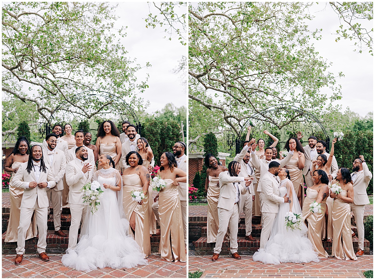 bridal party cheering on bride and groom kissing