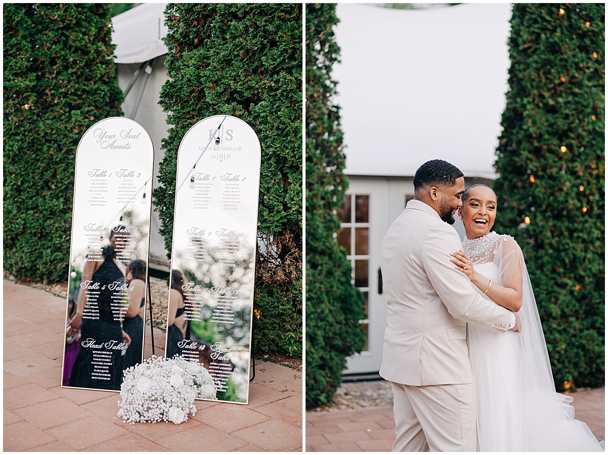 bride and groom smiling and wedding seating