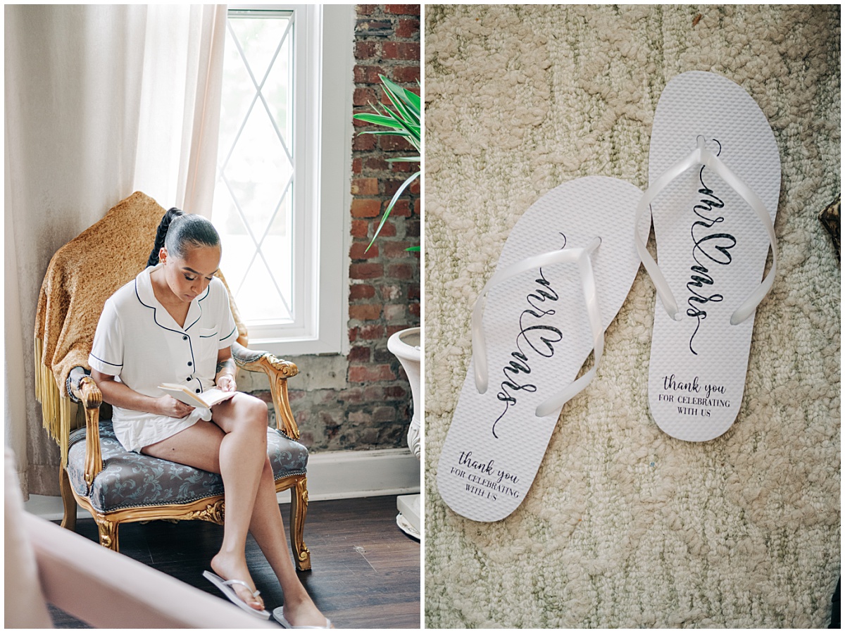 bride reading and close up of flip flops