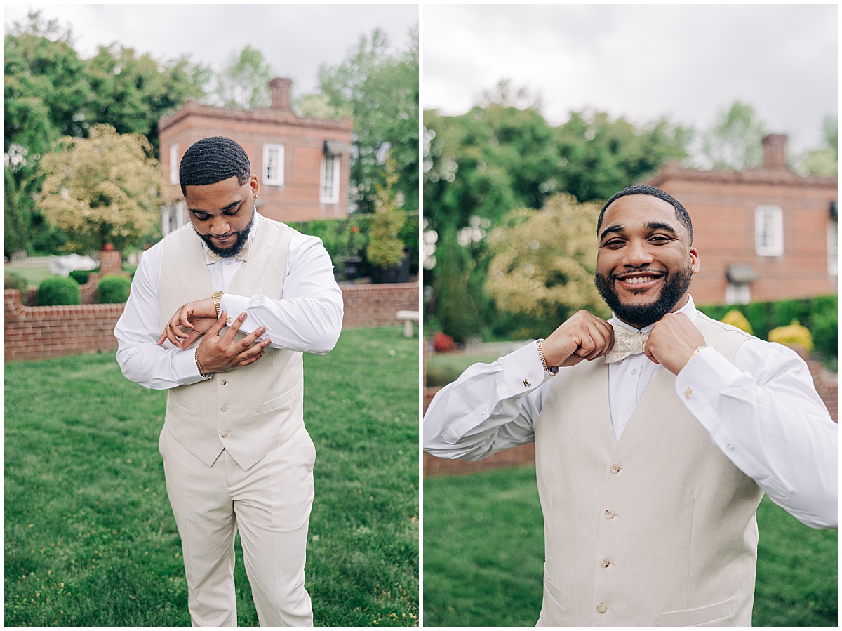 groom buttoning up suit