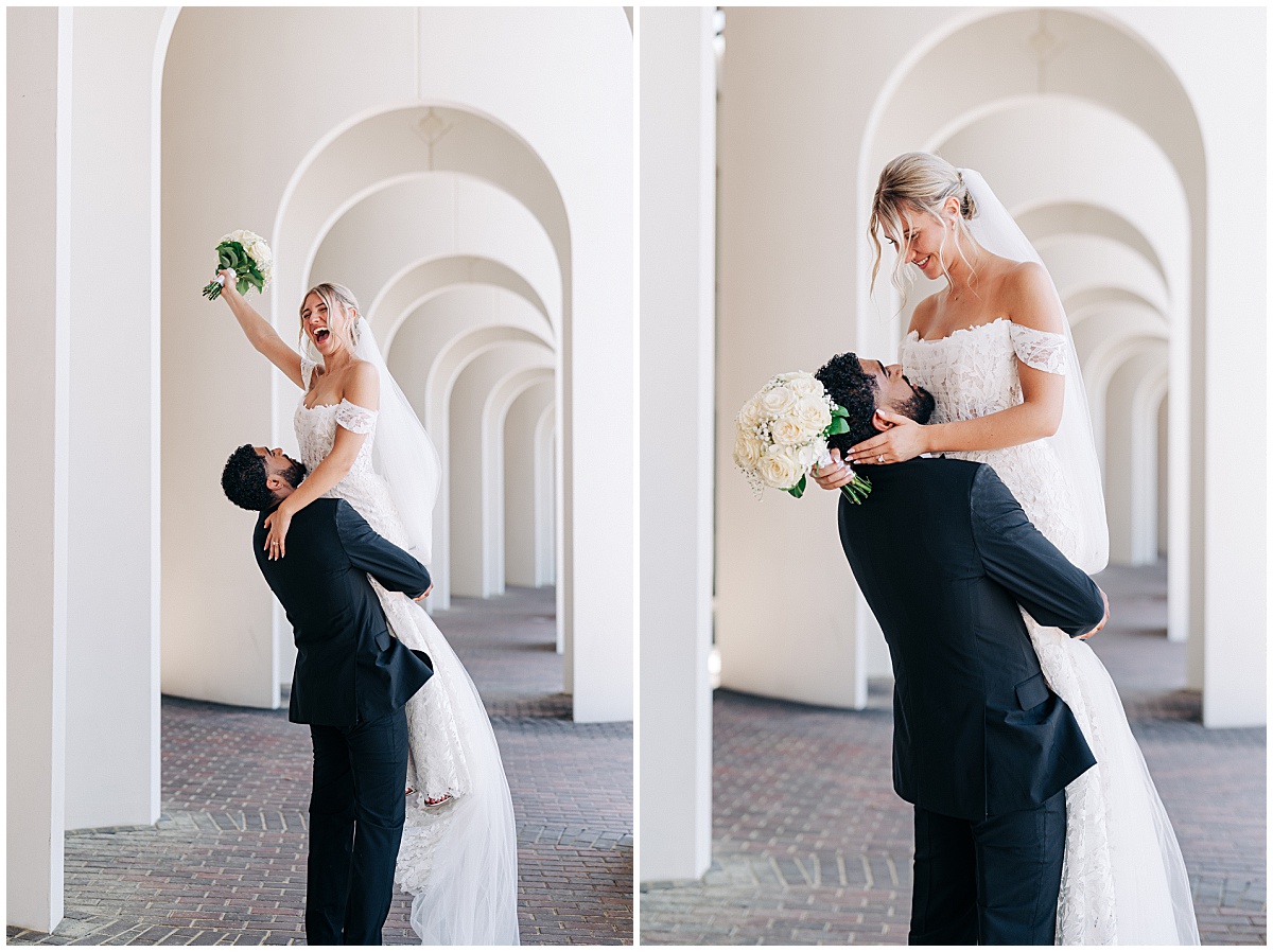 groom lifting up bride