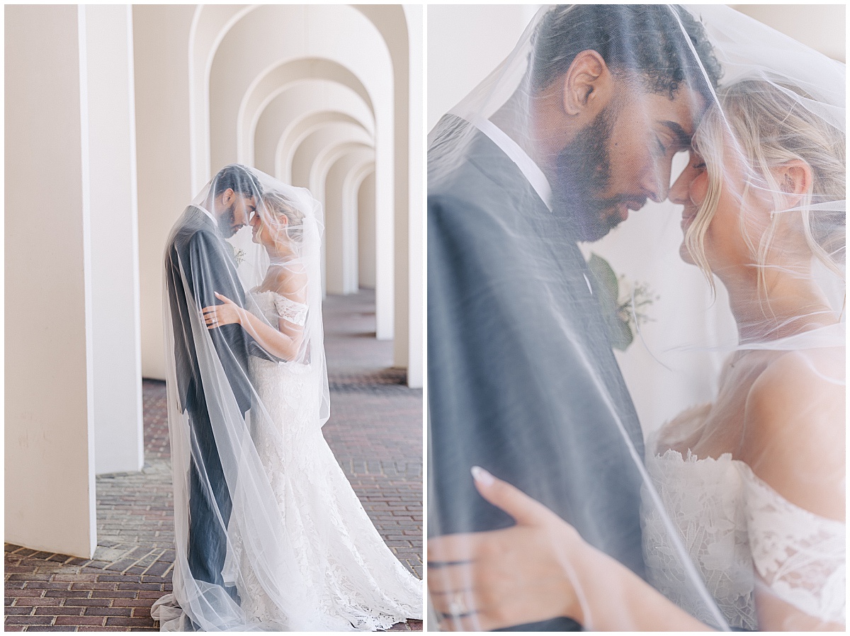 bride and groom under veil