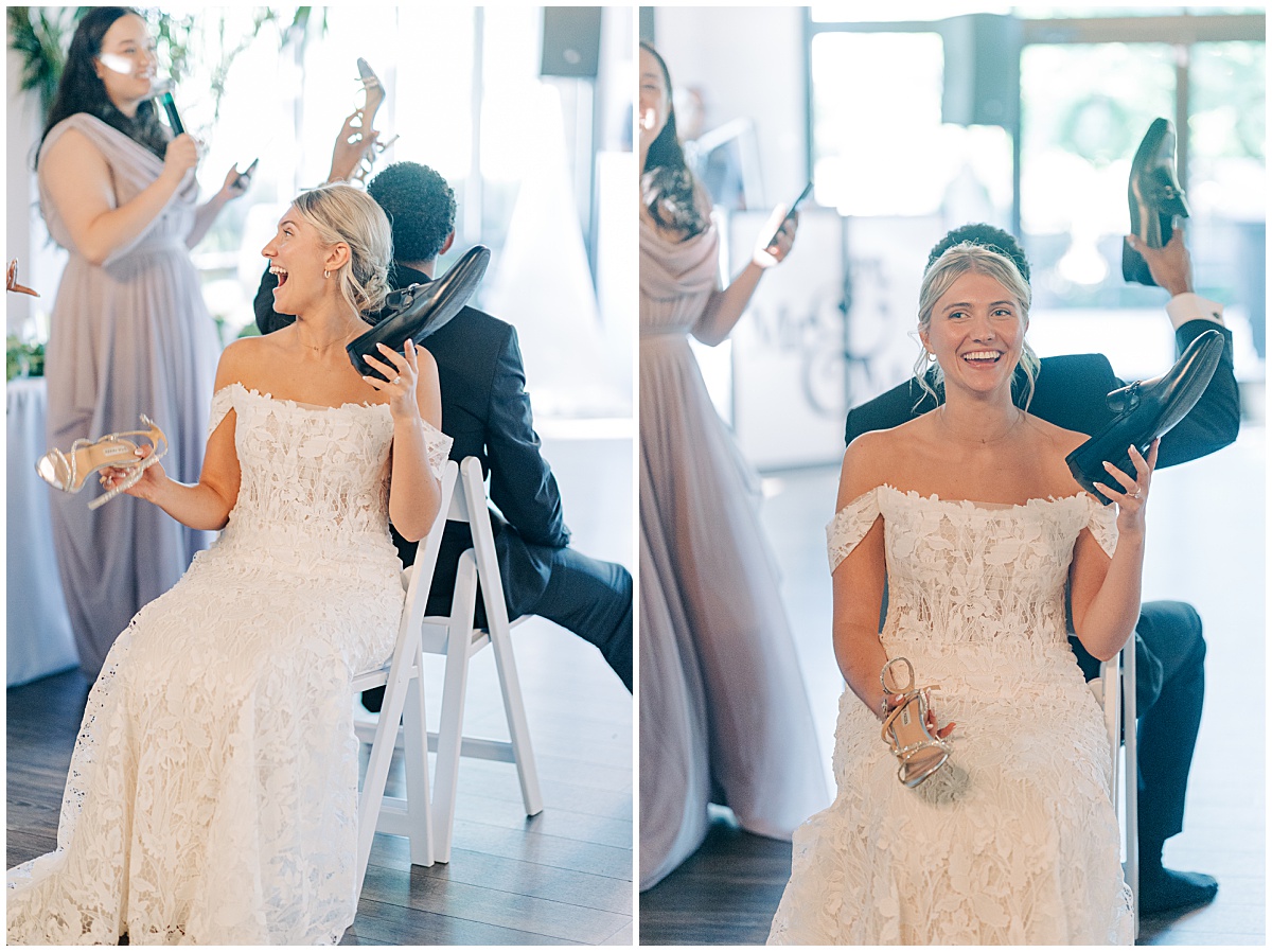 bride and groom playing shoe game