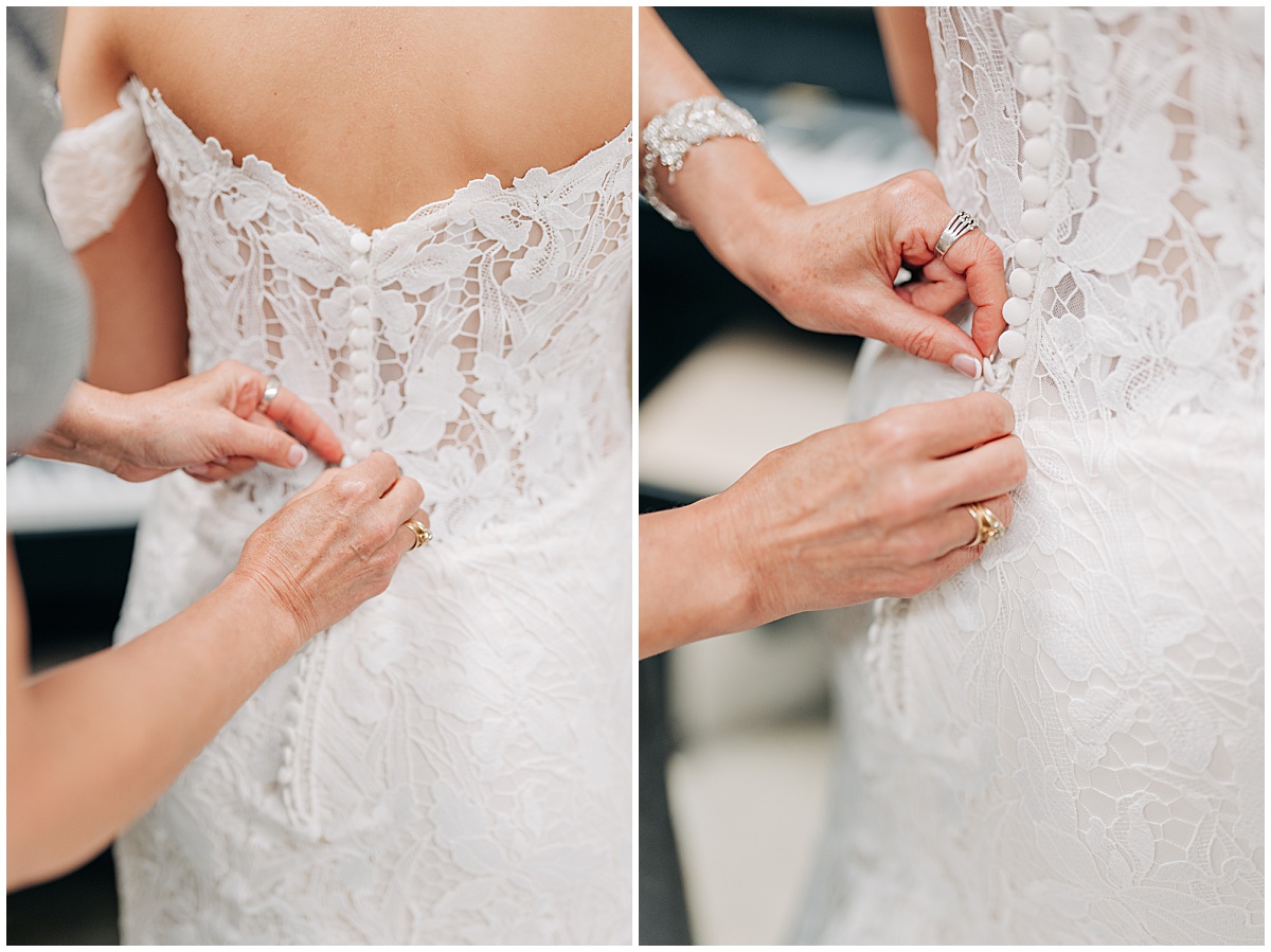 buttoning up brides wedding gown