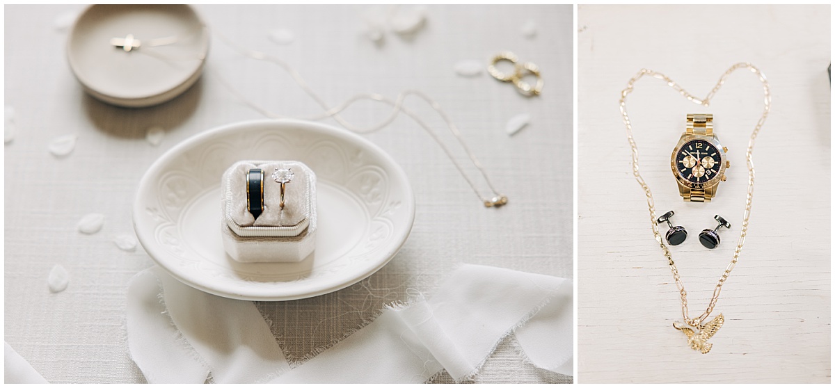 wedding rings and grooms watch and necklace