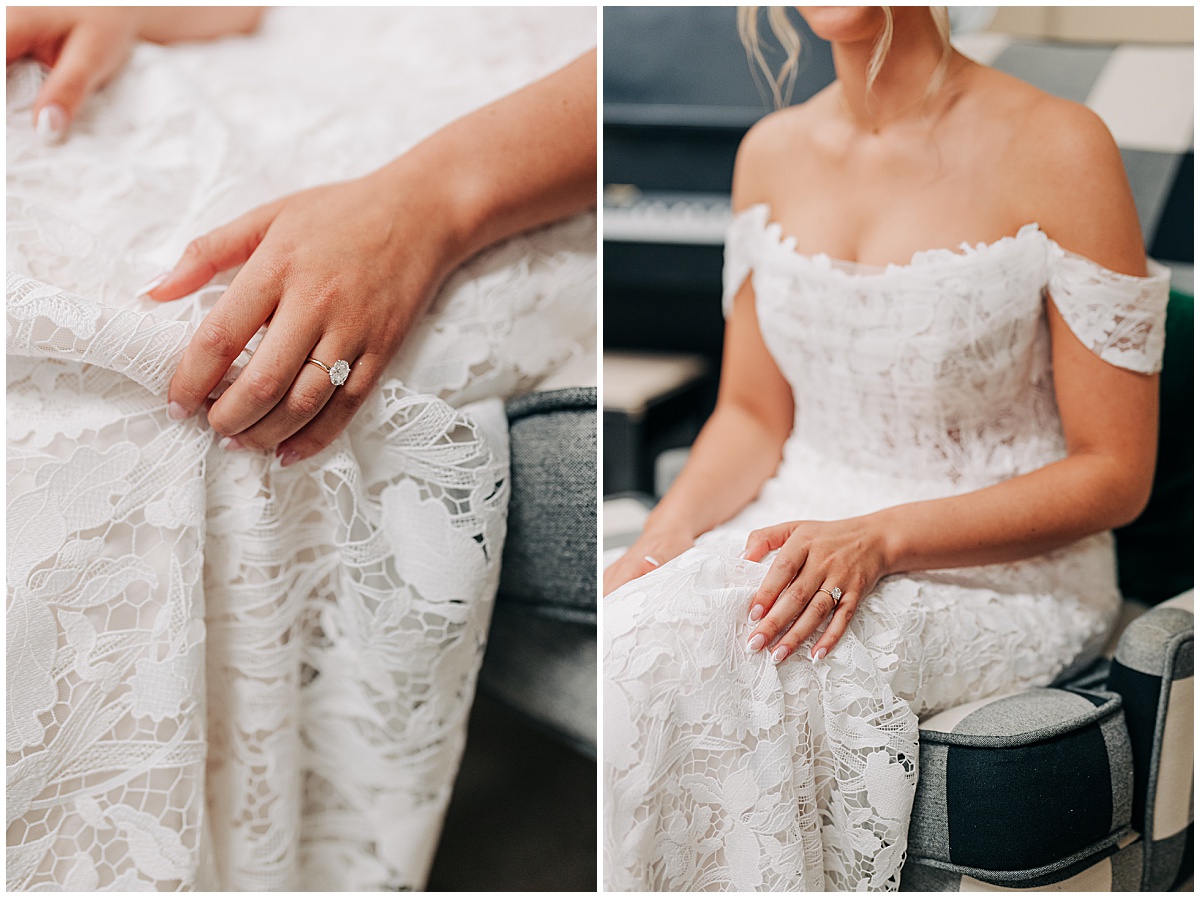 close up of wedding dress and wedding ring