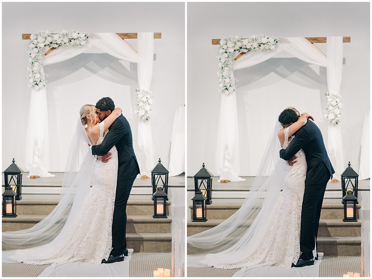 Bride and groom kissing and hugging