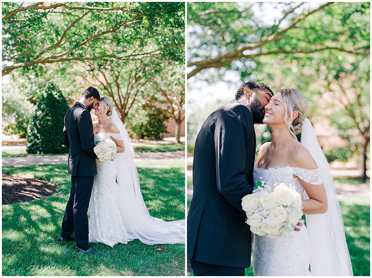 bride and groom laughing and kissing