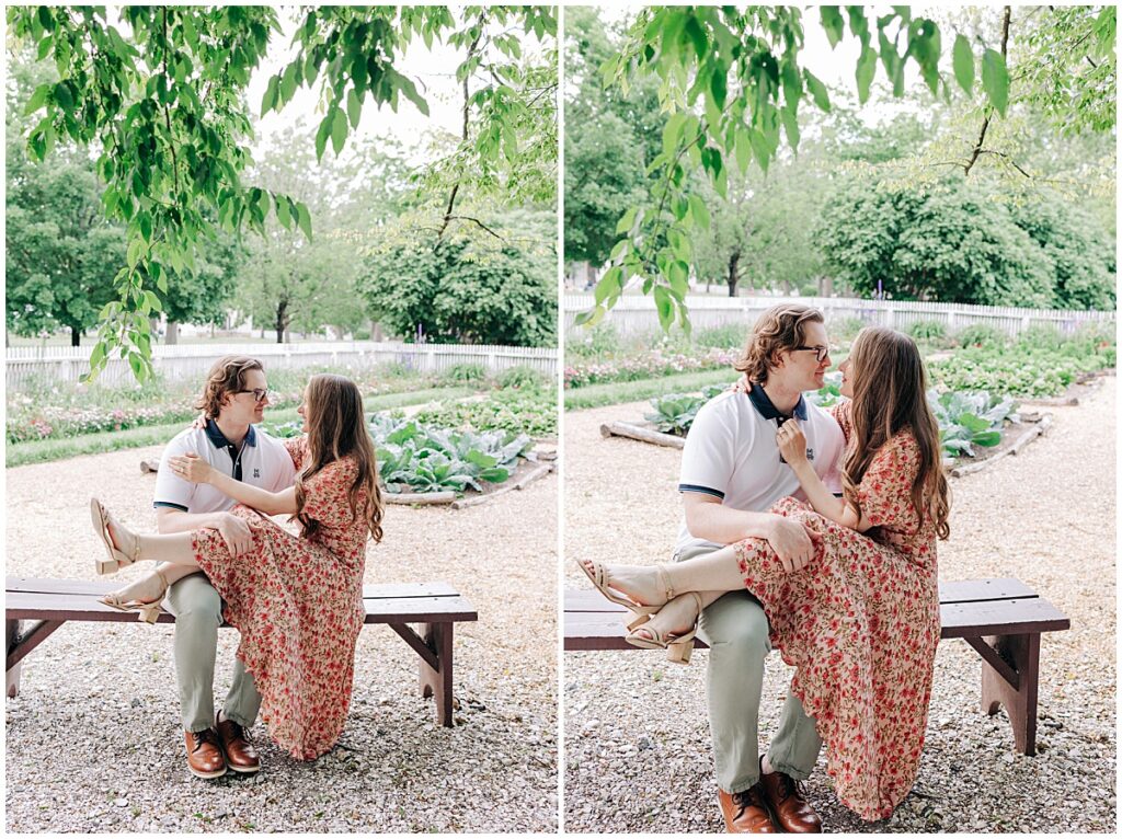 couple sitting on bench together smiling