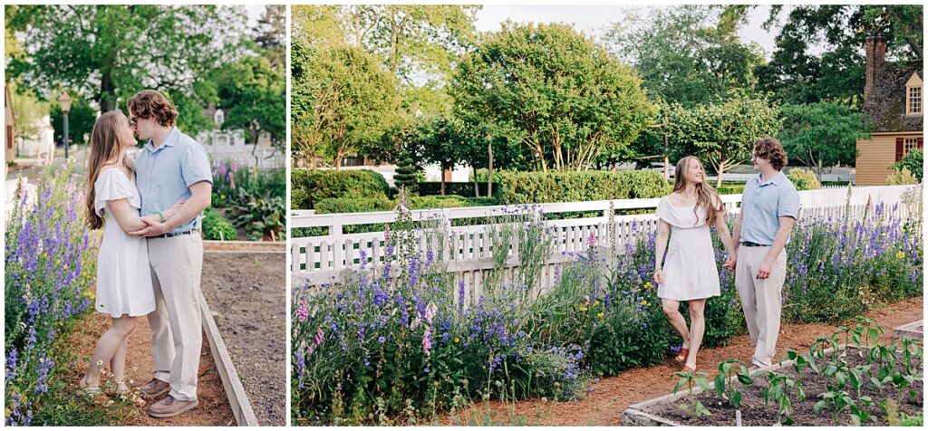 couple walking through flower garden