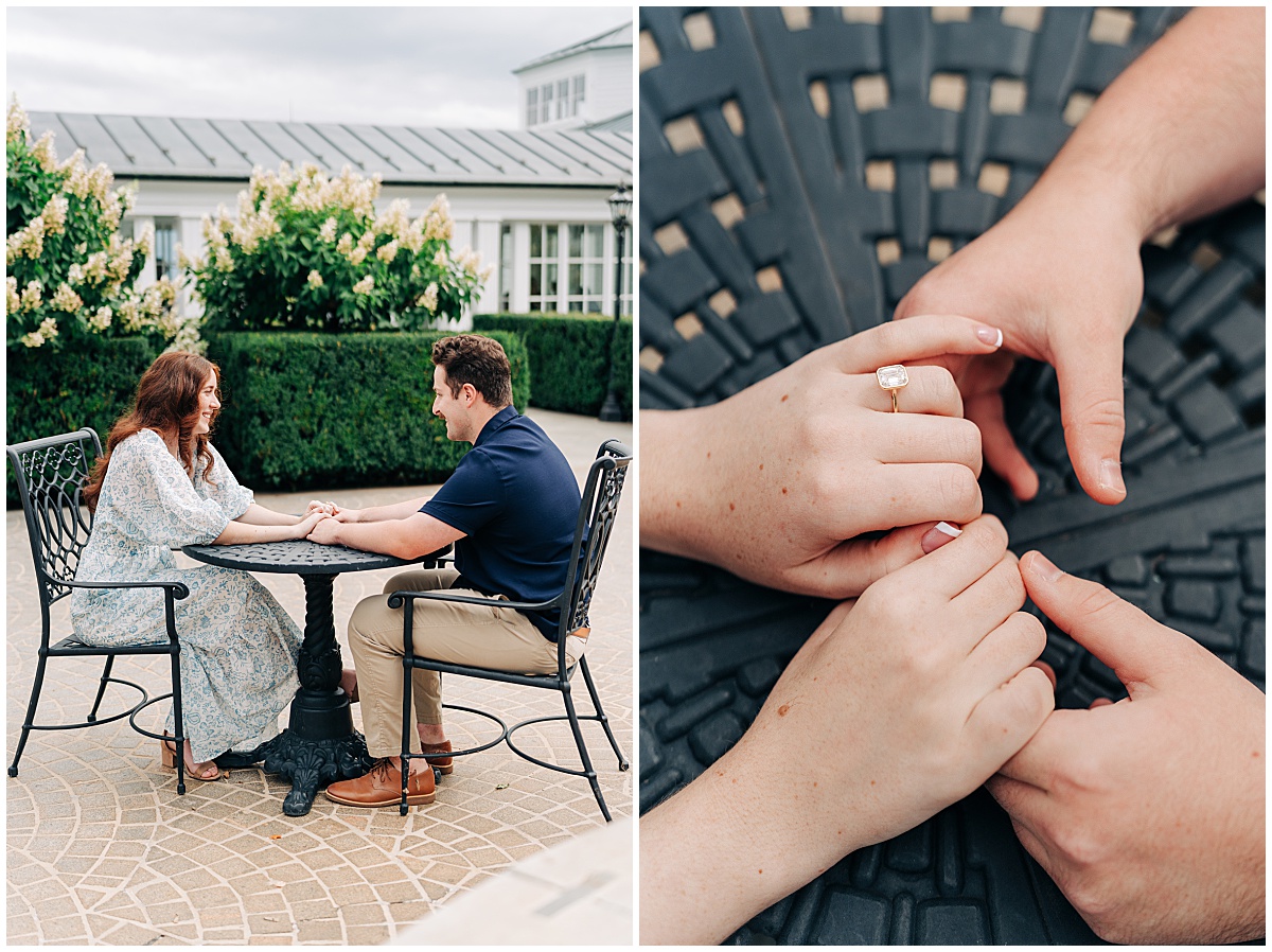 Couple holding hands showing off engagement ring