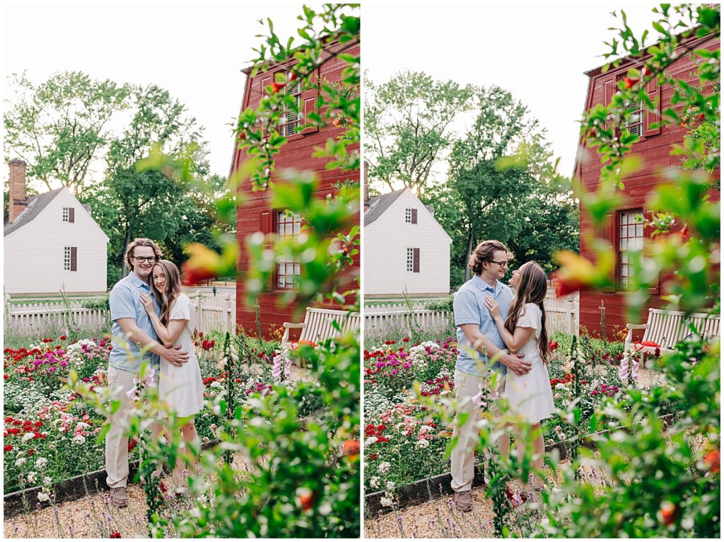 couple at colonial williamsburg in flower garden
